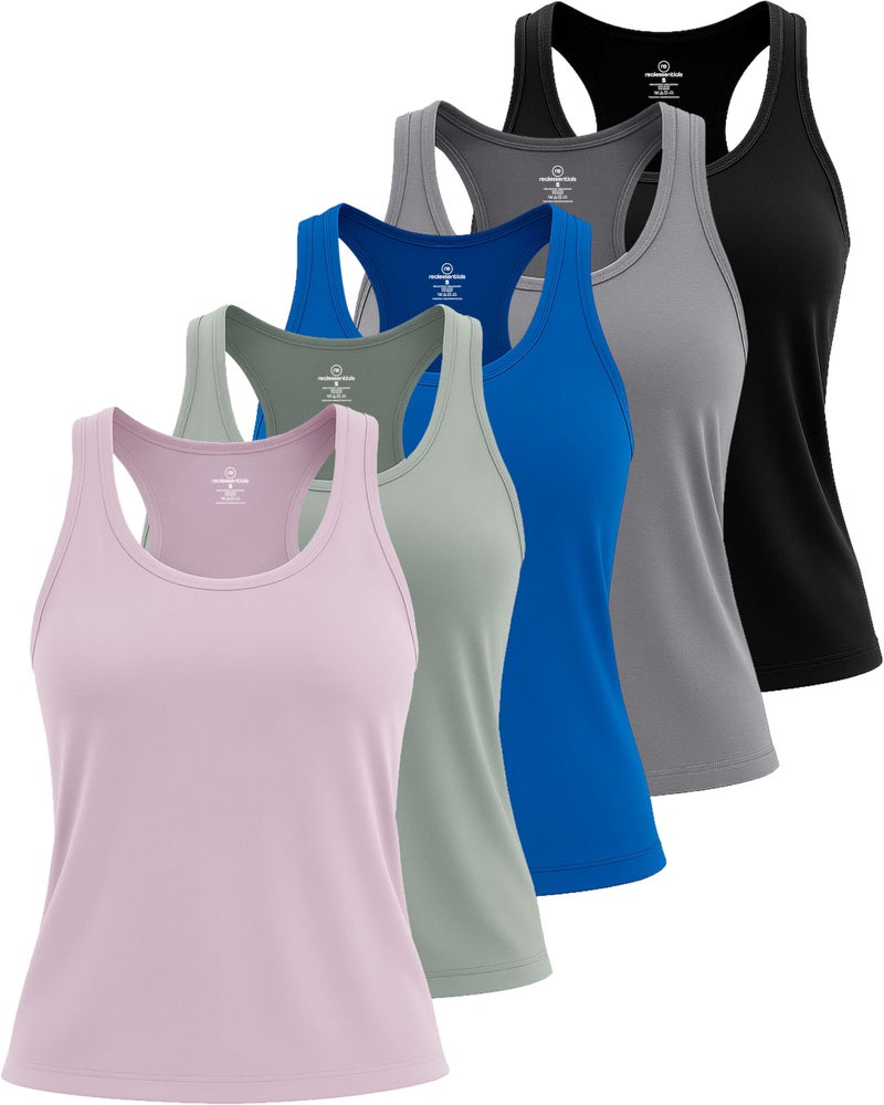REALESSENTIALS 5 Pack: Womens Quick Dry Fit Ladies Tops Blouse Tee Athletic Yoga Workout Running Gym Active Tees Exercise Women Racerback Sleeveless Flowy Fitness Loose Fit Moisture Wicking Tank Top - Set 2,L - Image 1